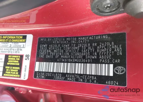 2021 Toyota Camry Xse Awd z USA, uszkodzony, nr VIN 4T1K61BK6MU036491